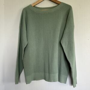 L.L.Bean Womens Sunwashed Waffle Knit Sweater 1X/XL Plus Faded Sage Green Cotton